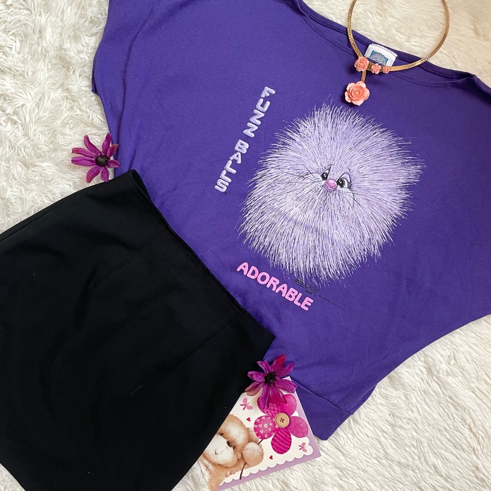 Vintage 80s retro rare Fuzz balls ADORABLE purple graphic tee - Picture 9 of 17